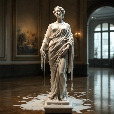 The primary subject of the image is a white statue of a woman, possibly a Roman statue, with dripping paint on it. The setting is a room with a large painting in the background. The visual style appears to be a combination of a photo and digital art, as the statue appears to be a digital creation. The colors and mood of the image are predominantly white, with the dripping paint adding a touch of red.